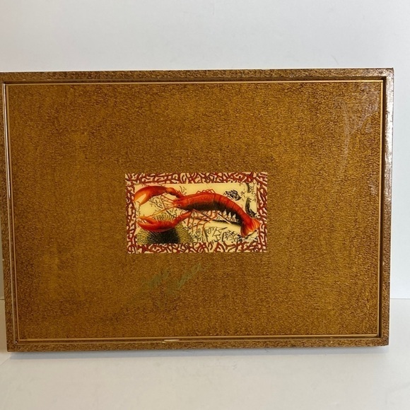 Annie Modica Signed Lobster Coral Stripe Decoupage Style Handle Tray Artisan - Picture 14 of 16
